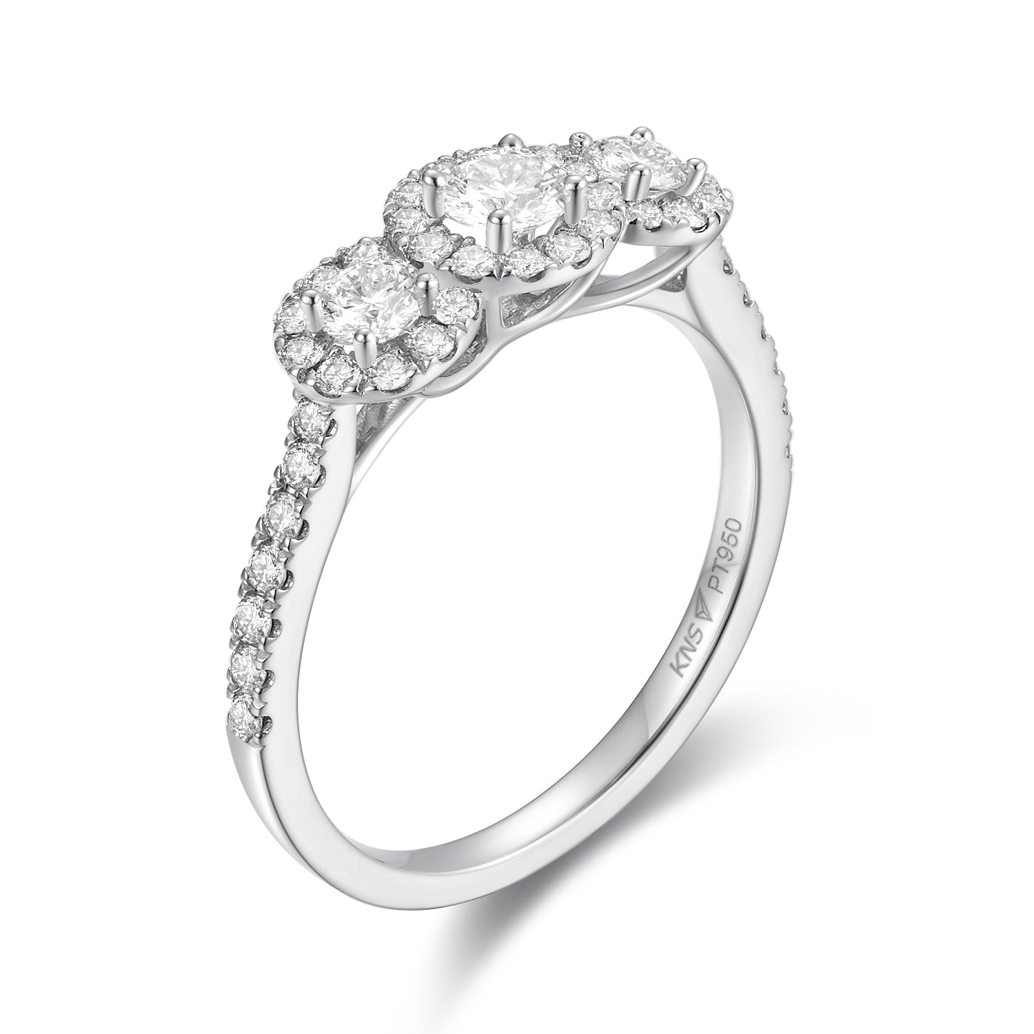 Anillo de Compromiso Diamantes Tres Piedras y Tres Halos