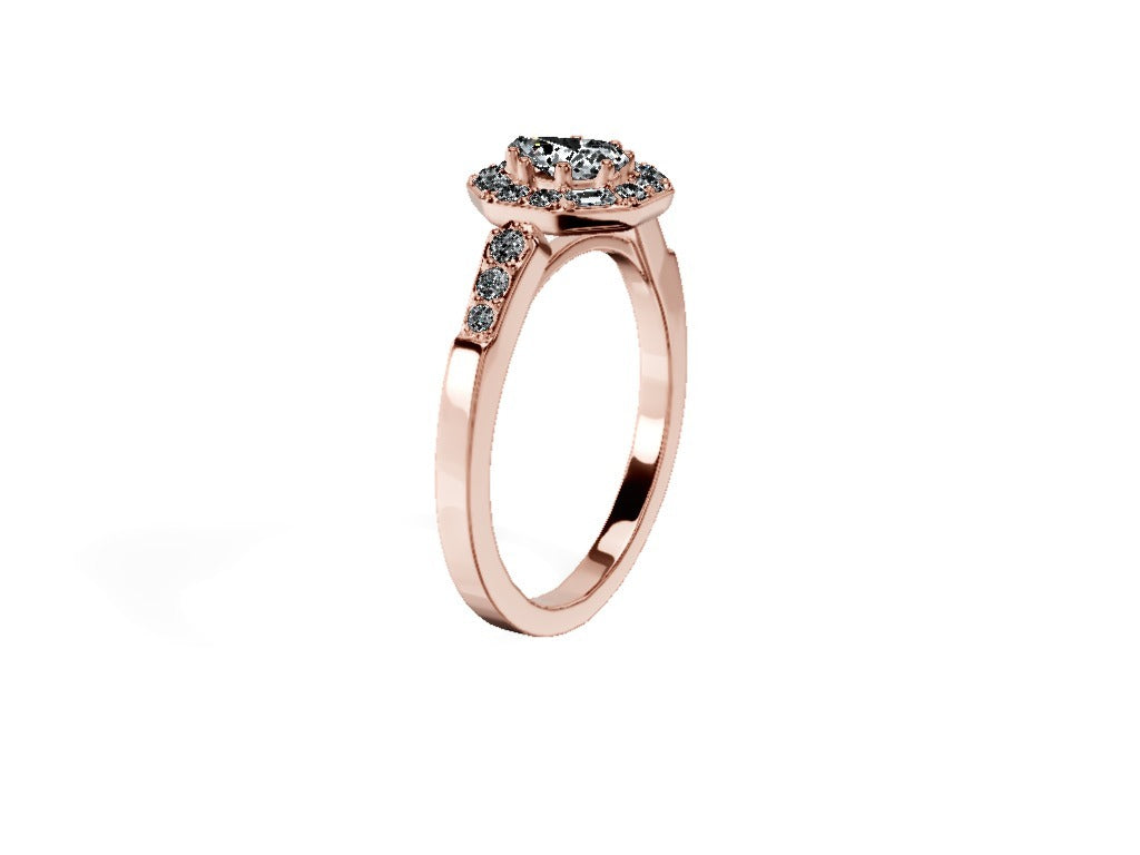 Anillo De Compromiso Halo Diamante Baguette Hal-018 Oro Rosado 18K Pera 0.35 Diamante Natural