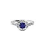 Anillo De Compromiso Halo Zafiro Azul Baguette Hal-018 Oro Blanco 18K Redondo 0.5 Zafiro Azul Natural
