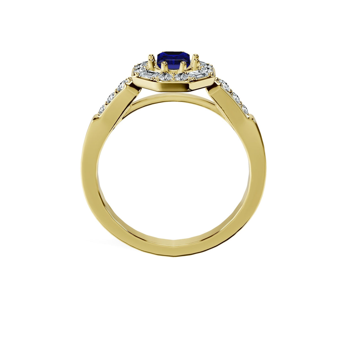 Anillo De Compromiso Halo Zafiro Azul Baguette Hal-018 Oro Amarillo 18K Esmeralda 0.5 Zafiro Azul Natural