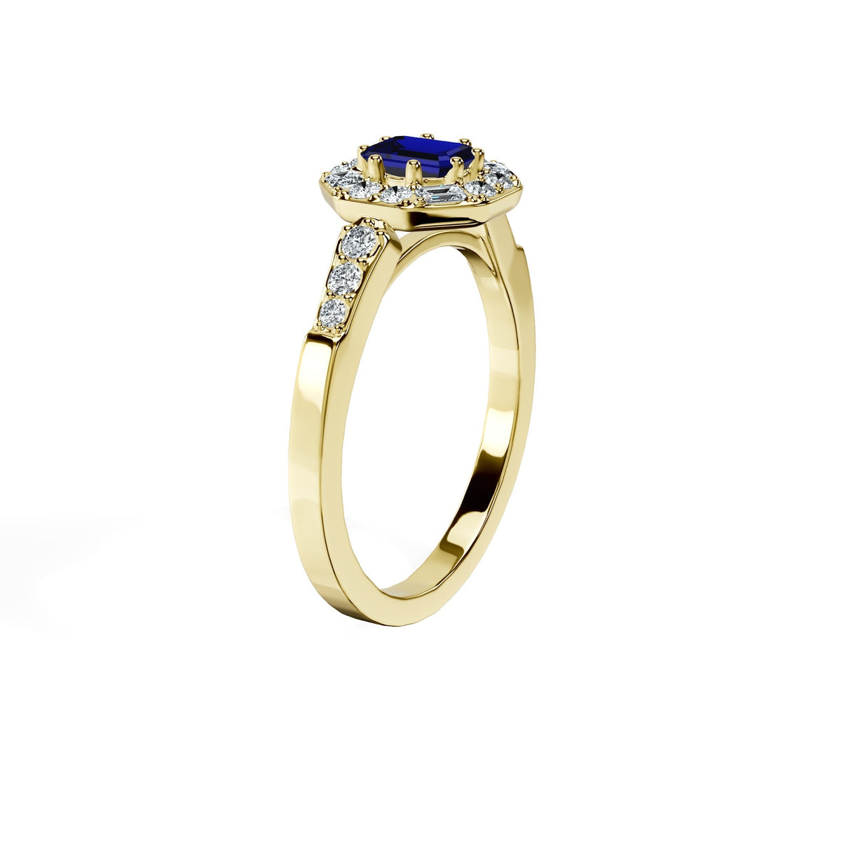 Anillo De Compromiso Halo Zafiro Azul Baguette Hal-018 Oro Amarillo 18K Esmeralda 0.5 Zafiro Azul Natural