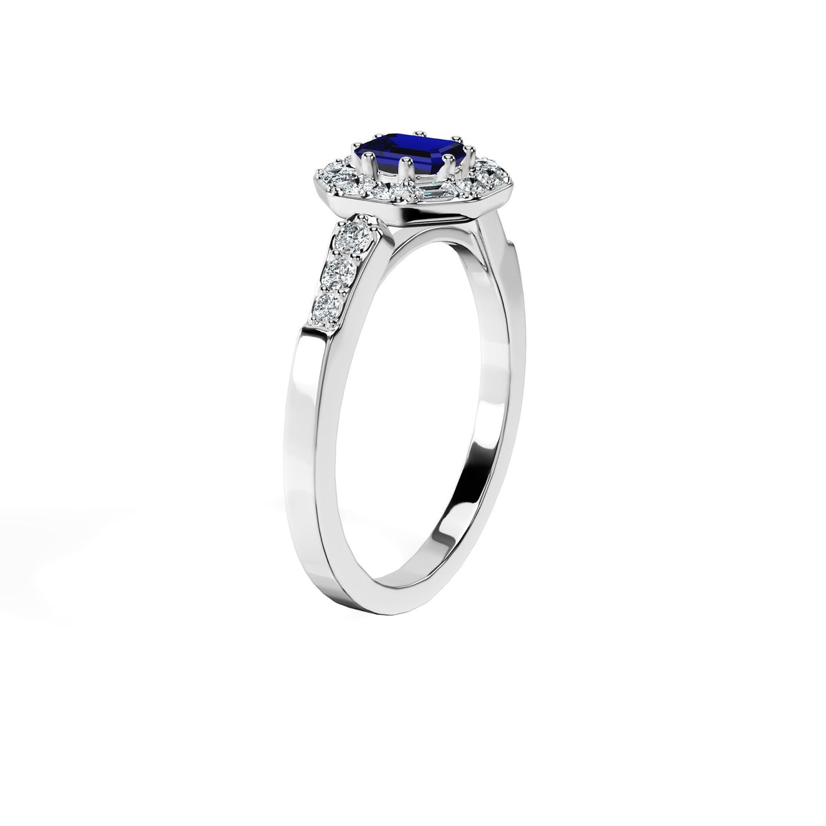 Anillo De Compromiso Halo Zafiro Azul Baguette Hal-018 Oro Blanco 18K Esmeralda 0.5 Zafiro Azul Natural