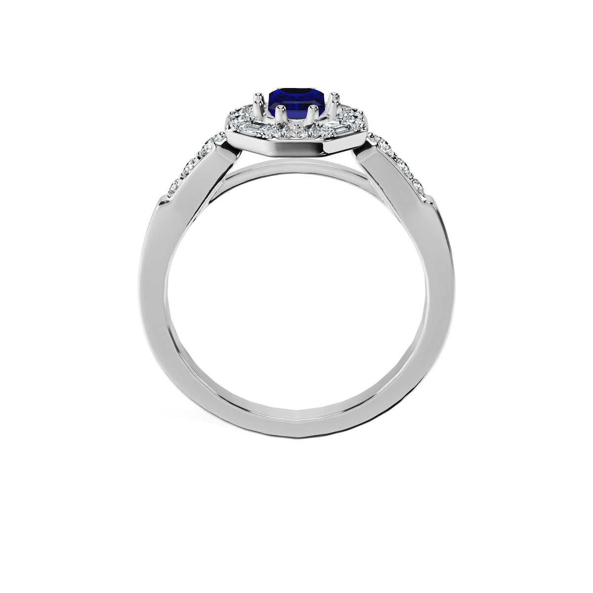 Anillo De Compromiso Halo Zafiro Azul Baguette Hal-018 Platino Esmeralda 0.5 Zafiro Azul Natural