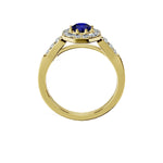 Anillo De Compromiso Halo Zafiro Azul Baguette Hal-018 Oro Amarillo 18K Redondo 1 Zafiro Azul Natural