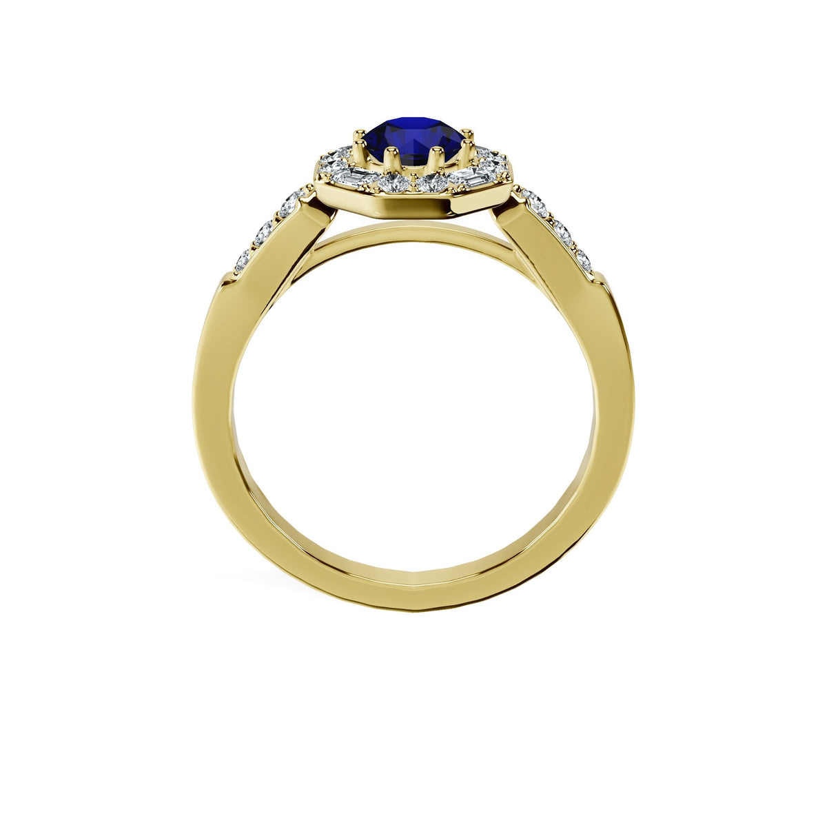 Anillo De Compromiso Halo Zafiro Azul Baguette Hal-018 Oro Amarillo 18K Redondo 1 Zafiro Azul Natural