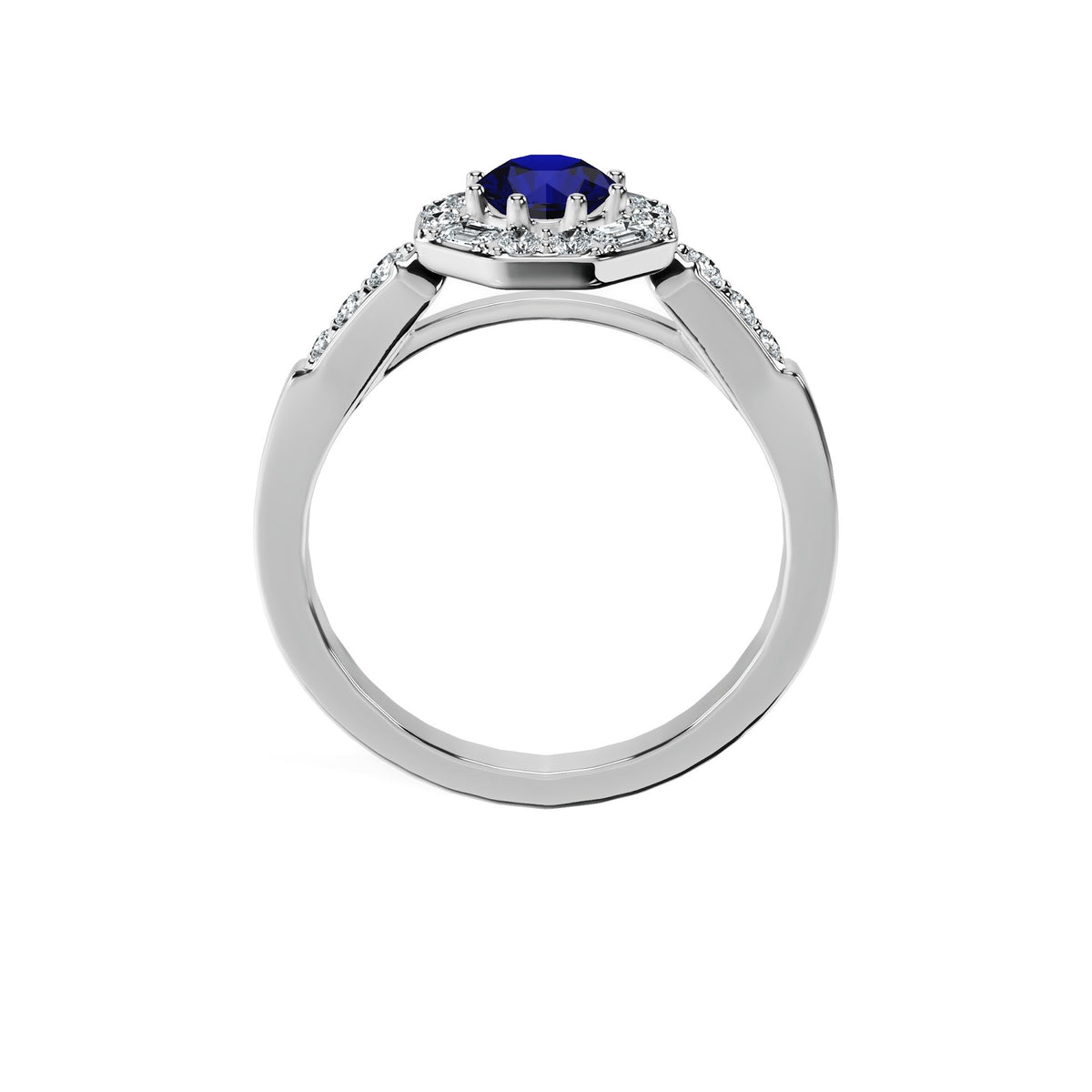 Anillo De Compromiso Halo Zafiro Azul Baguette Hal-018 Oro Blanco 18K Redondo 1 Zafiro Azul Natural