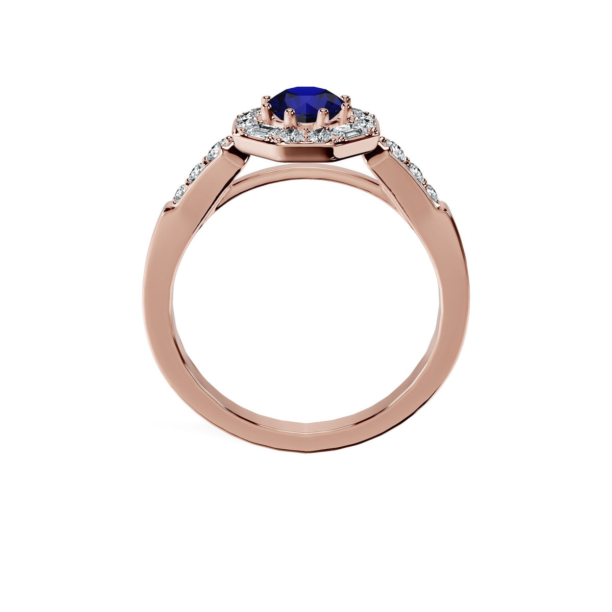 Anillo De Compromiso Halo Zafiro Azul Baguette Hal-018 Oro Rosado 18K Redondo 1 Zafiro Azul Natural