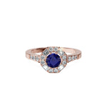 Anillo De Compromiso Halo Zafiro Azul Baguette Hal-018 Oro Rosado 18K Redondo 1 Zafiro Azul Natural