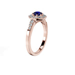 Anillo De Compromiso Halo Zafiro Azul Baguette Hal-018 Oro Rosado 18K Redondo 1 Zafiro Azul Natural