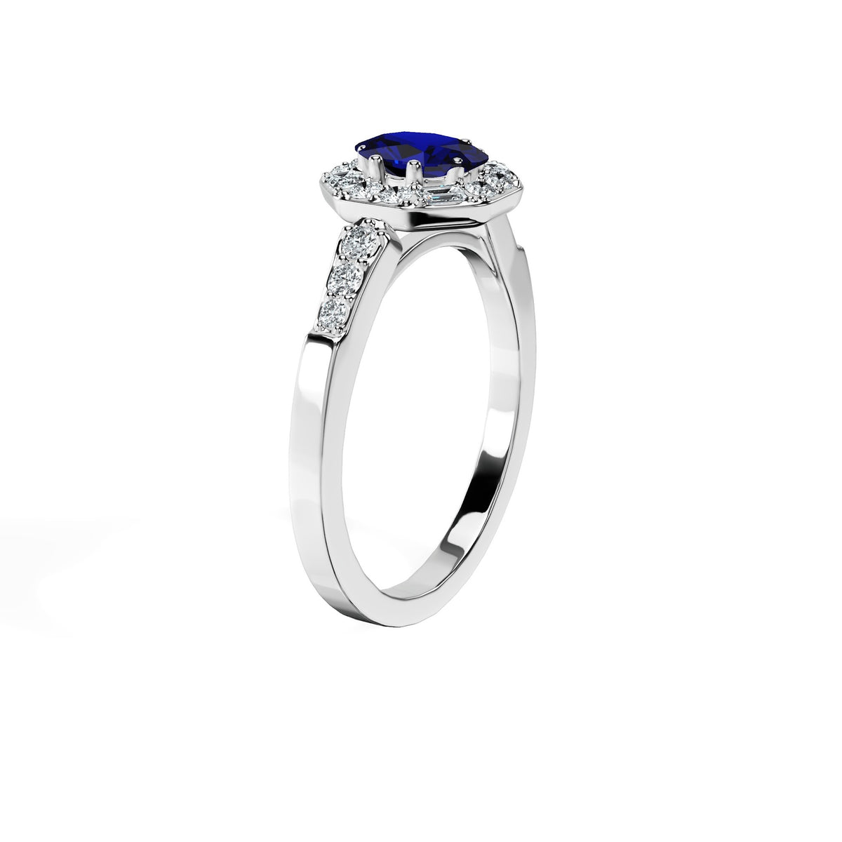 Anillo De Compromiso Halo Zafiro Azul Baguette Hal-018 Oro Blanco 18K Oval 1 Zafiro Azul Natural
