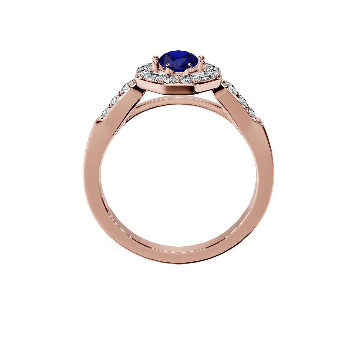 Anillo De Compromiso Halo Zafiro Azul Baguette Hal-018 Oro Rosado 18K Oval 1 Zafiro Azul Natural
