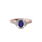 Anillo De Compromiso Halo Zafiro Azul Baguette Hal-018 Oro Rosado 18K Oval 1 Zafiro Azul Natural