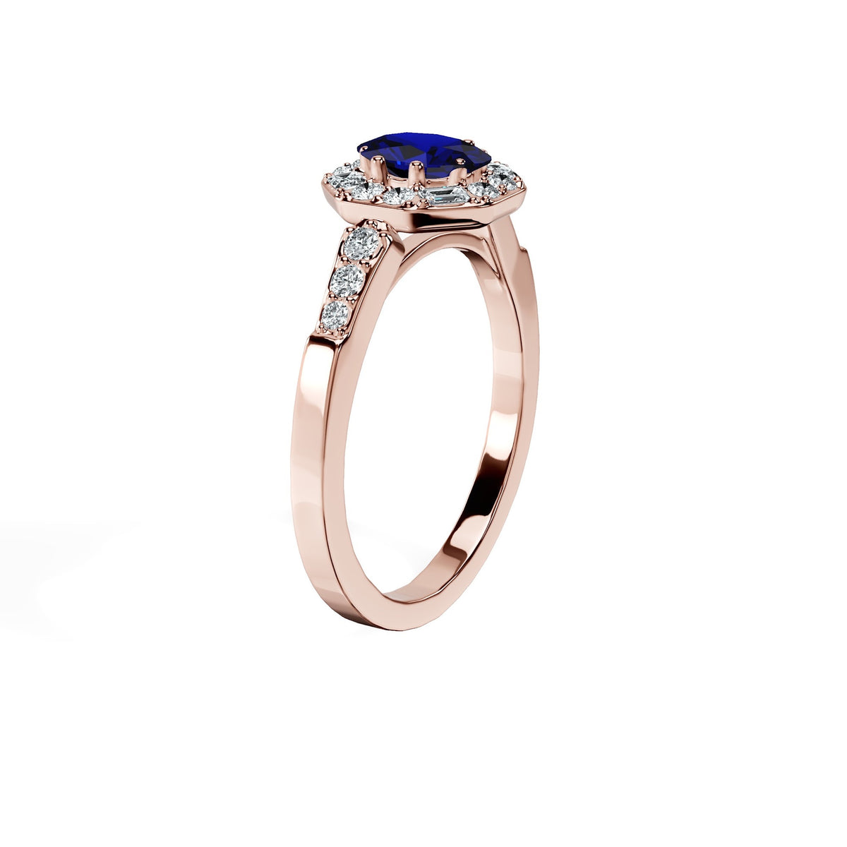 Anillo De Compromiso Halo Zafiro Azul Baguette Hal-018 Oro Rosado 18K Oval 1 Zafiro Azul Natural