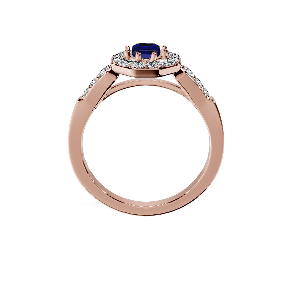 Anillo De Compromiso Halo Zafiro Azul Baguette Hal-018 Oro Rosado 18K Esmeralda 1 Zafiro Azul Natural