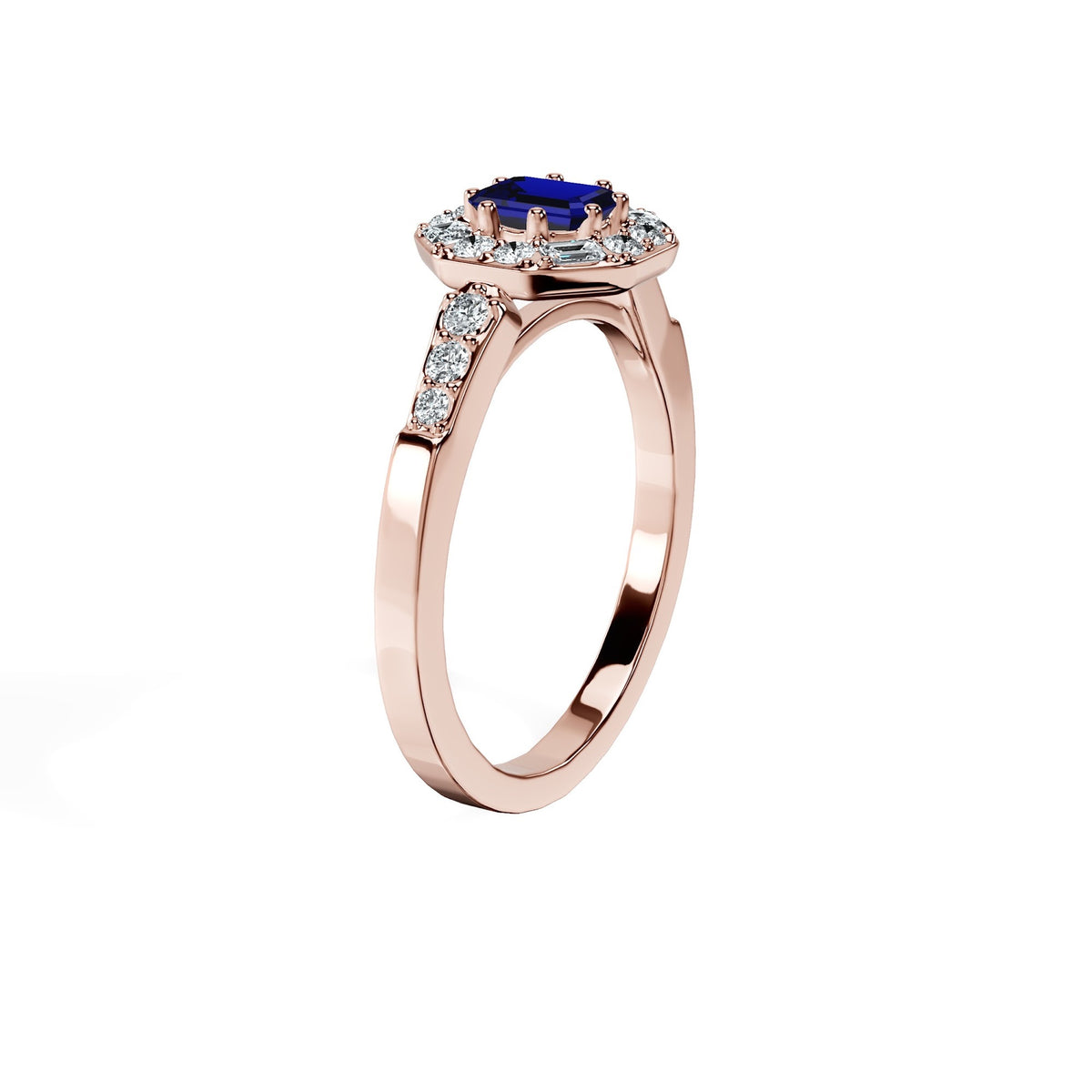 Anillo De Compromiso Halo Zafiro Azul Baguette Hal-018 Oro Rosado 18K Esmeralda 1 Zafiro Azul Natural