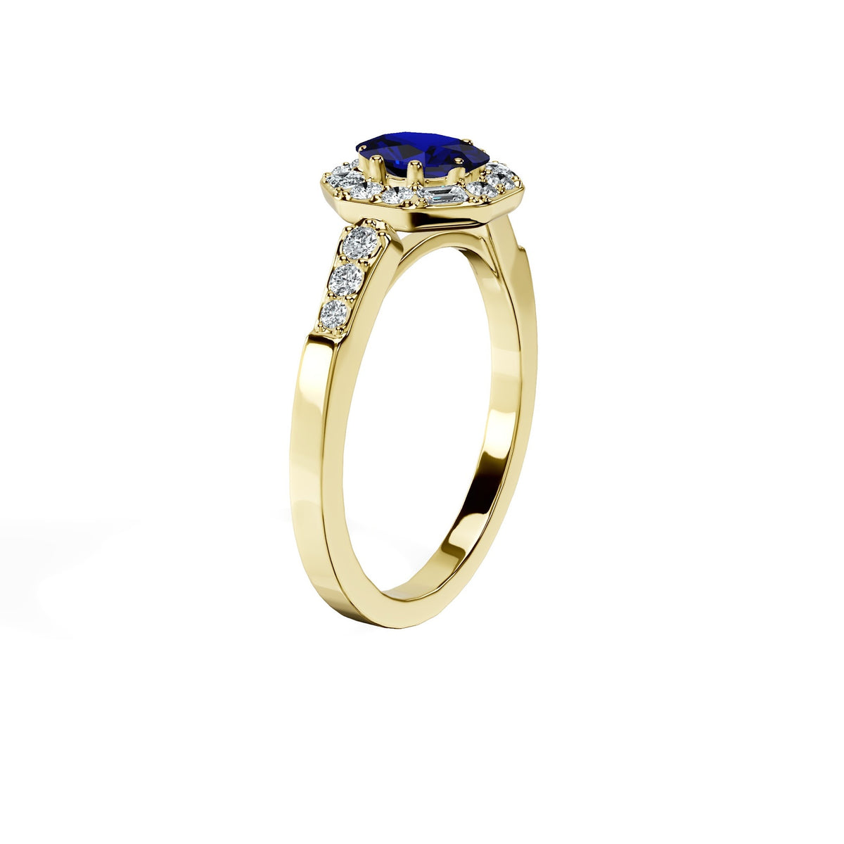 Anillo De Compromiso Halo Zafiro Azul Baguette Hal-018 Oro Amarillo 18K Oval 1.5 Zafiro Azul Natural