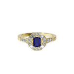 Anillo De Compromiso Halo Zafiro Azul Baguette Hal-018 Oro Amarillo 18K Esmeralda 1.5 Zafiro Azul Natural