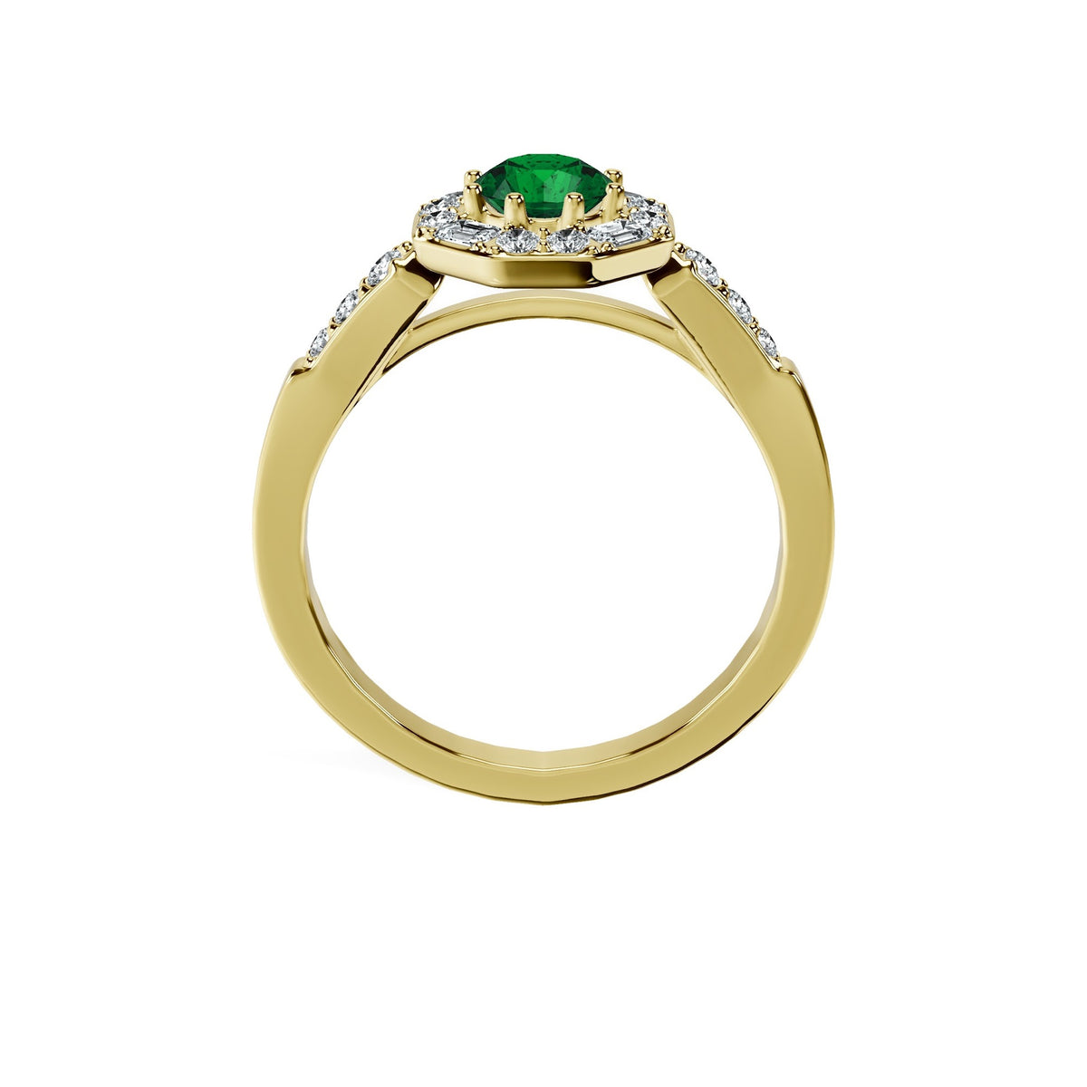 Anillo De Compromiso Halo Esmeralda Baguette Hal-018 Oro Amarillo 18K Redondo 1 Esmeralda Natural