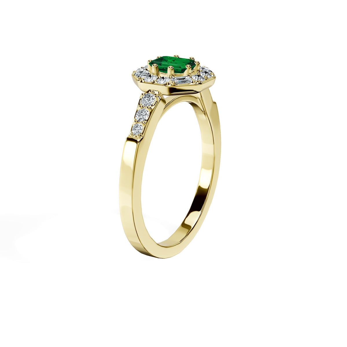 Anillo De Compromiso Halo Esmeralda Baguette Hal-018 Oro Amarillo 18K Esmeralda 1 Esmeralda Natural
