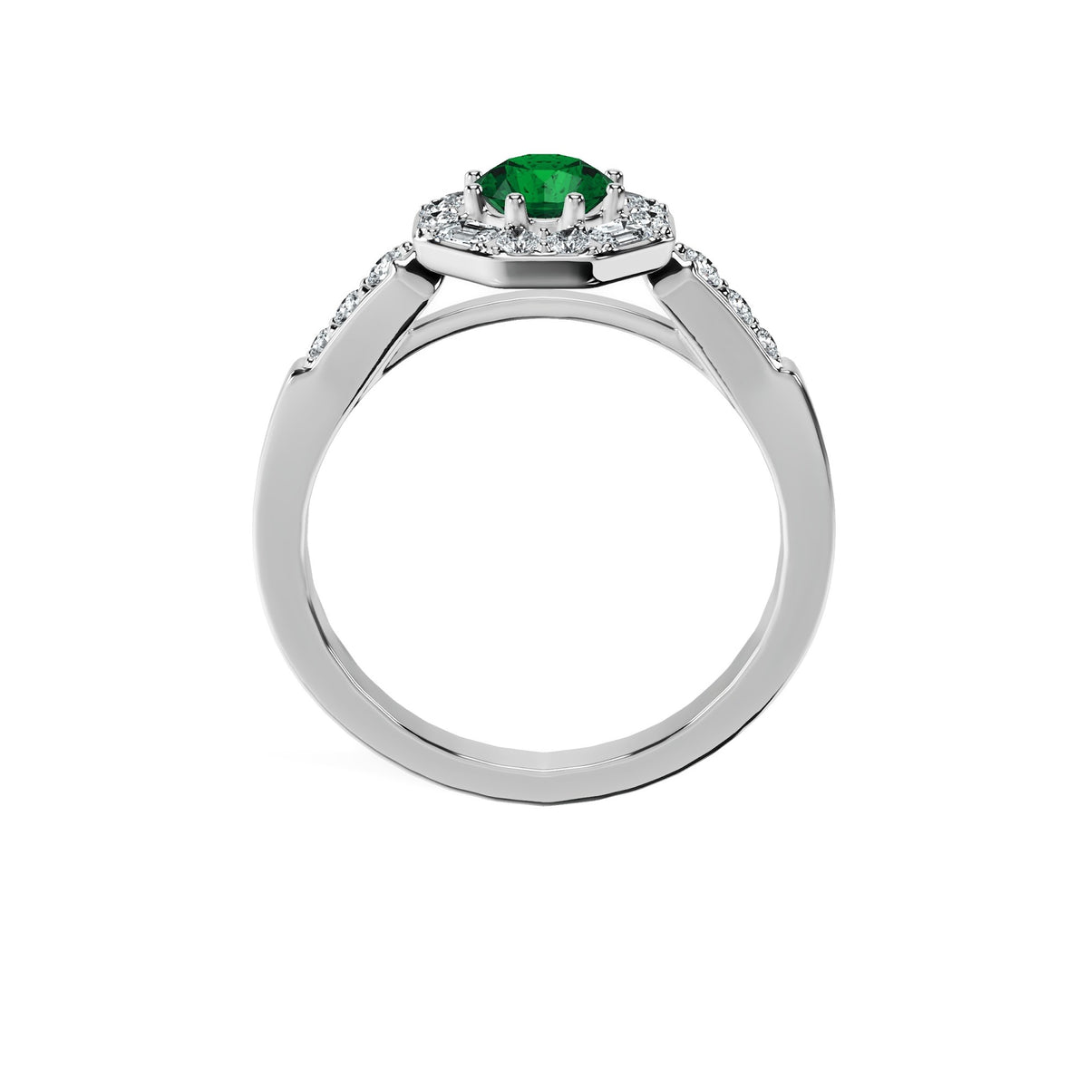 Anillo De Compromiso Halo Esmeralda Baguette Hal-018 Oro Blanco 18K Redondo 1.5 Esmeralda Natural