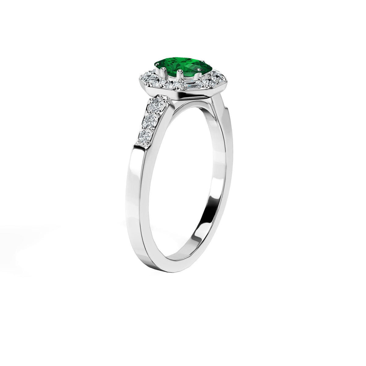 Anillo De Compromiso Halo Esmeralda Baguette Hal-018 Oro Blanco 18K Oval 1.5 Esmeralda Natural