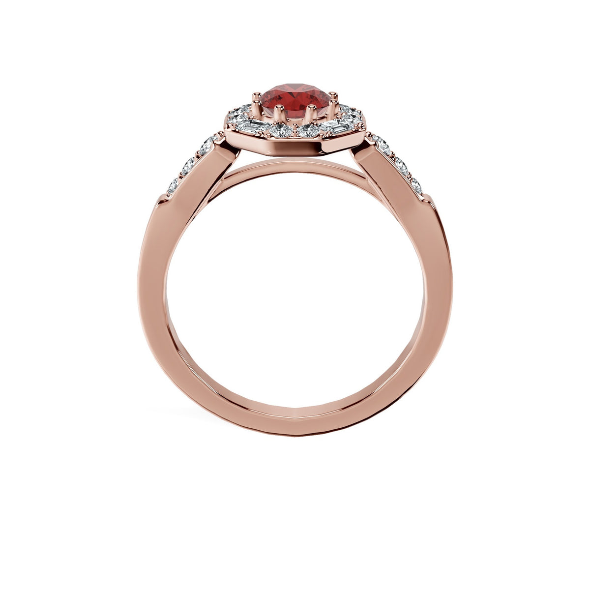 Anillo De Compromiso Halo Rubi Baguette Hal-018 Oro Rosado 18K Redondo 0.5 Rubi Natural