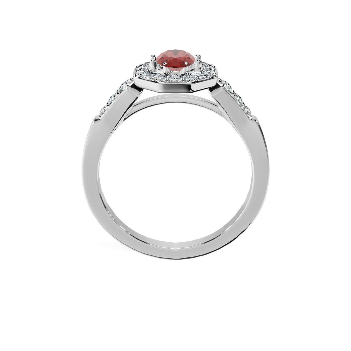 Anillo De Compromiso Halo Rubi Baguette Hal-018 Oro Blanco 18K Oval 0.5 Rubi Natural