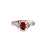 Anillo De Compromiso Halo Rubi Baguette Hal-018 Oro Rosado 18K Oval 1.5 Rubi Natural