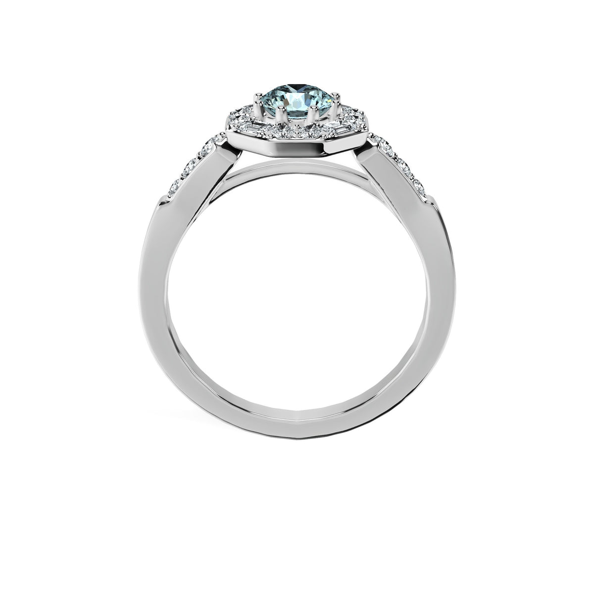 Anillo De Compromiso Halo Aguamarina Baguette Hal-018 Oro Blanco 18K Redondo 0.5 Aguamarina Natural