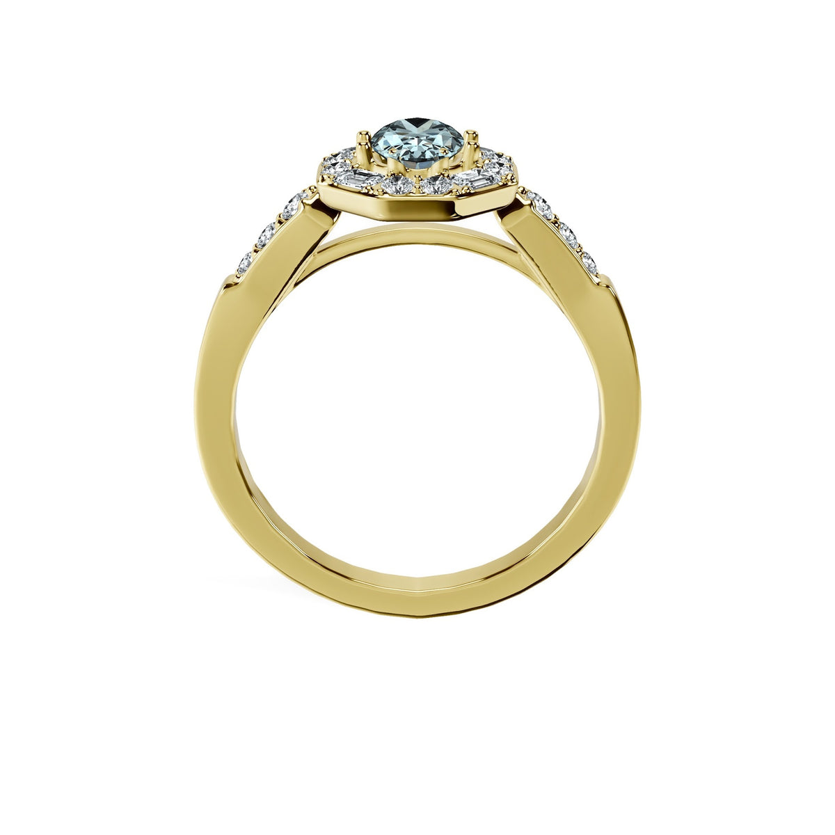 Anillo De Compromiso Halo Aguamarina Baguette Hal-018 Oro Amarillo 18K Oval 0.5 Aguamarina Natural