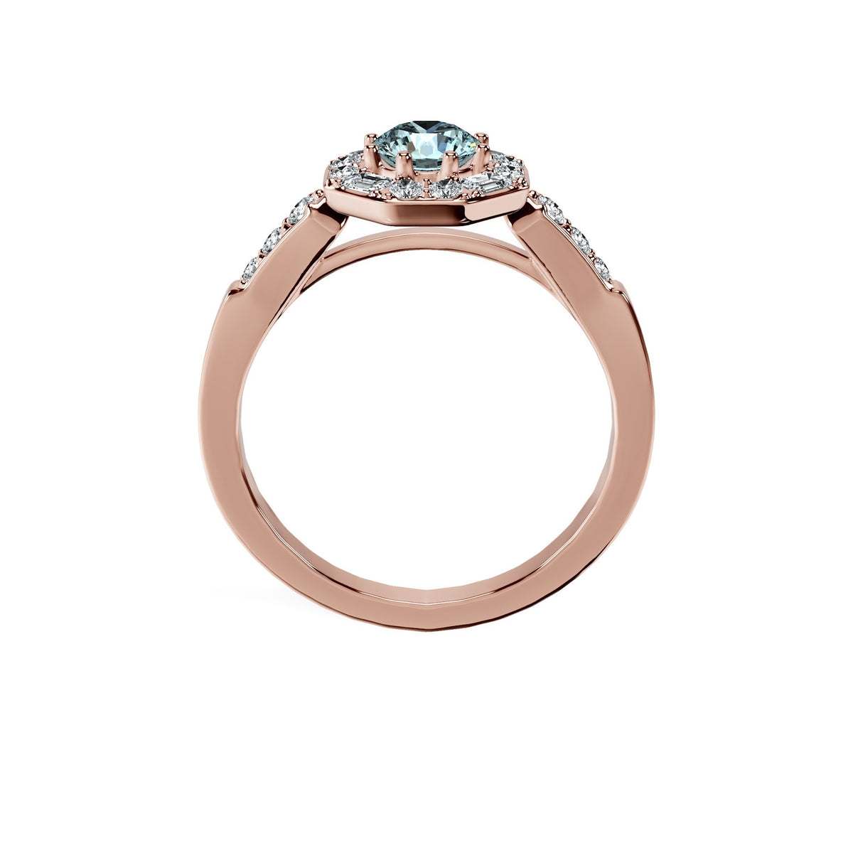 Anillo De Compromiso Halo Aguamarina Baguette Hal-018 Oro Rosado 18K Redondo 1 Aguamarina Natural