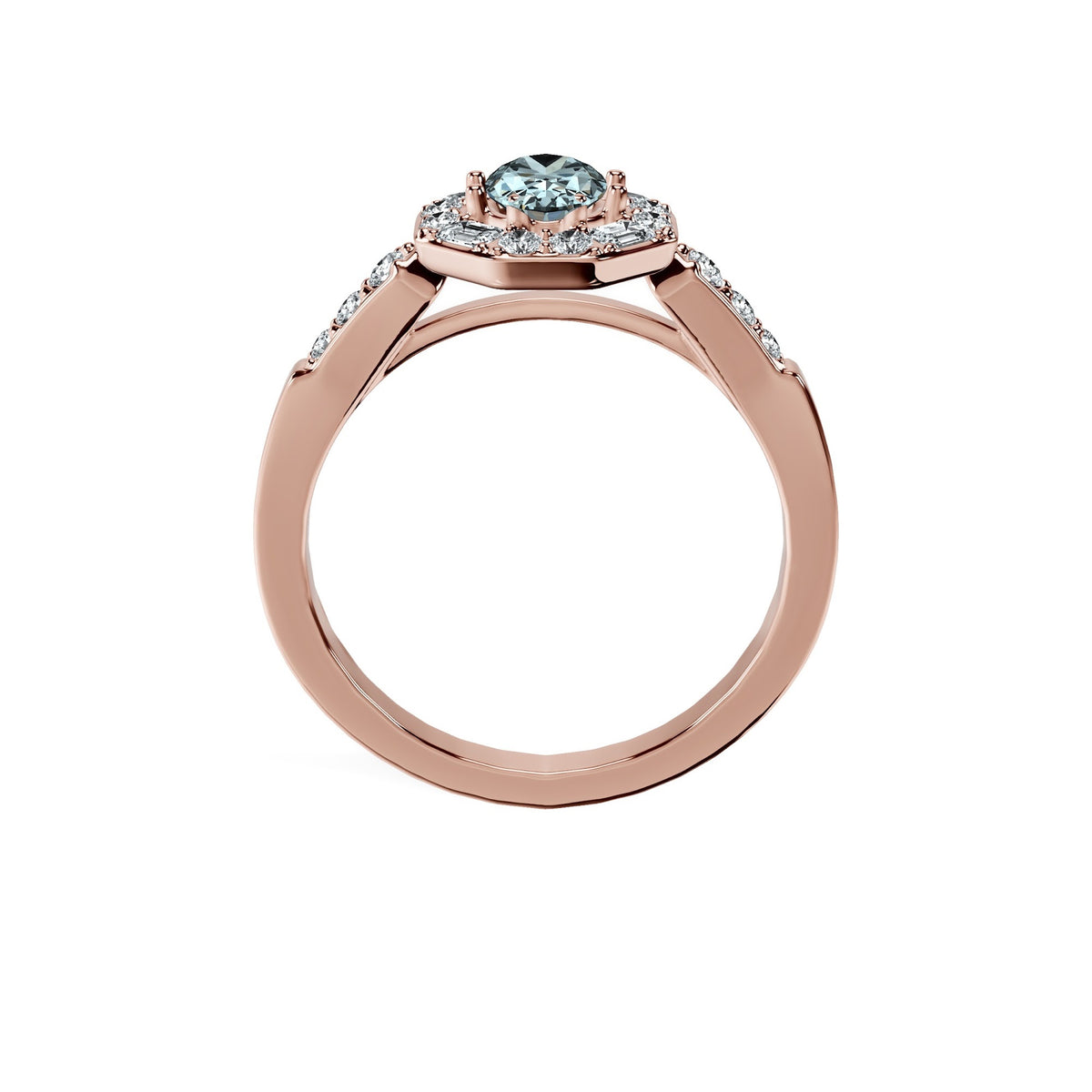 Anillo De Compromiso Halo Aguamarina Baguette Hal-018 Oro Rosado 18K Oval 1 Aguamarina Natural