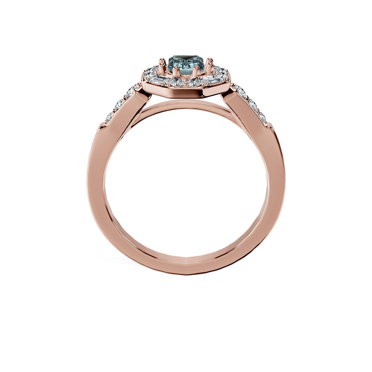 Anillo De Compromiso Halo Aguamarina Baguette Hal-018 Oro Rosado 18K Esmeralda 1 Aguamarina Natural