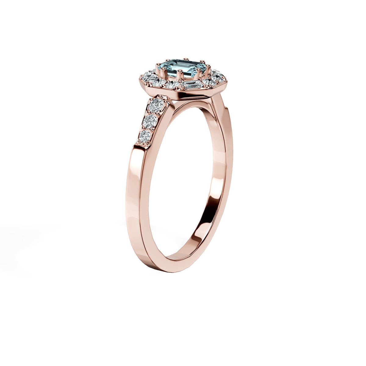 Anillo De Compromiso Halo Aguamarina Baguette Hal-018 Oro Rosado 18K Esmeralda 1 Aguamarina Natural