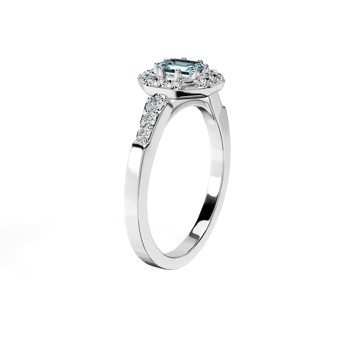 Anillo De Compromiso Halo Aguamarina Baguette Hal-018 Platino Esmeralda 1 Aguamarina Natural