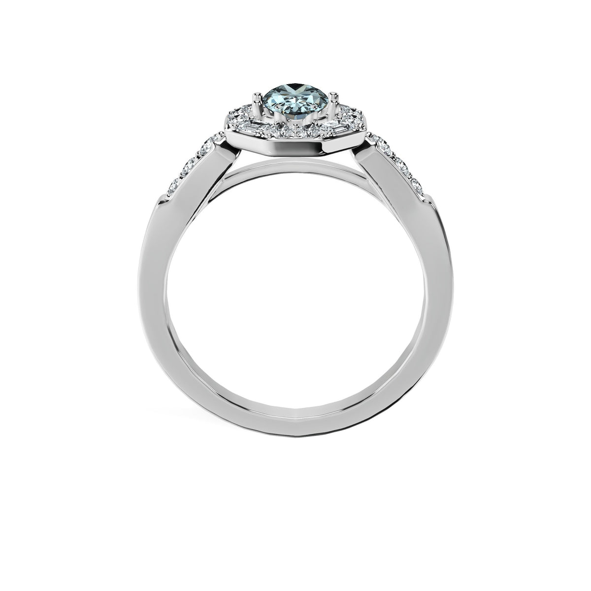 Anillo De Compromiso Halo Aguamarina Baguette Hal-018 Oro Blanco 18K Oval 1.5 Aguamarina Natural