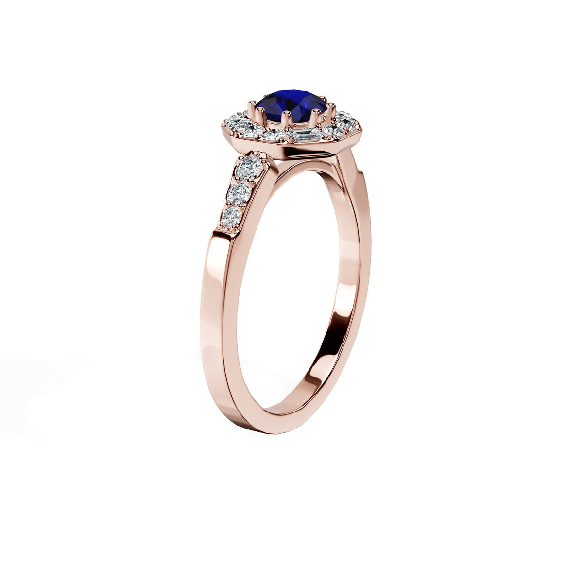 Anillo De Compromiso Halo Zafiro Azul Baguette Hal-018 Oro Rosado 18K Redondo 0.5 Zafiro Azul Cultivado en Laboratorio