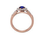 Anillo De Compromiso Halo Zafiro Azul Baguette Hal-018 Oro Rosado 18K Redondo 1.5 Zafiro Azul Cultivado en Laboratorio