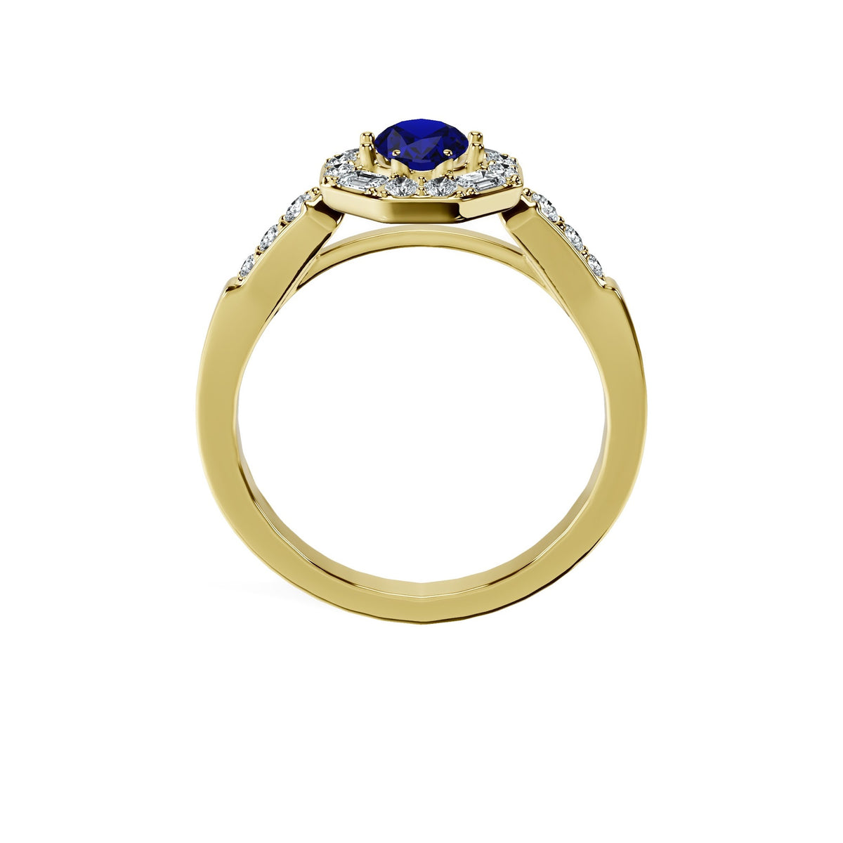 Anillo De Compromiso Halo Zafiro Azul Baguette Hal-018 Oro Amarillo 18K Oval 1.5 Zafiro Azul Cultivado en Laboratorio