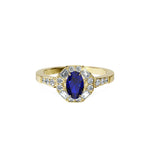 Anillo De Compromiso Halo Zafiro Azul Baguette Hal-018 Oro Amarillo 18K Oval 1.5 Zafiro Azul Cultivado en Laboratorio