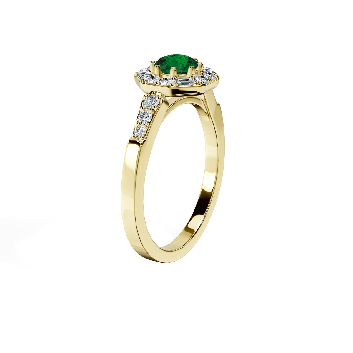 Anillo De Compromiso Halo Esmeralda Baguette Hal-018 Oro Amarillo 18K Redondo 0.5 Esmeralda Cultivado en Laboratorio