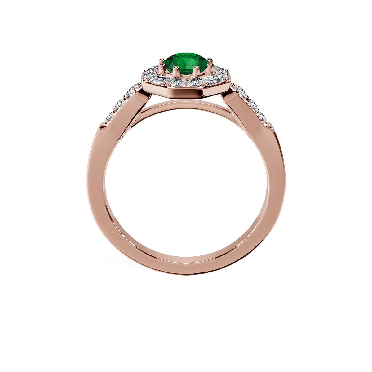 Anillo De Compromiso Halo Esmeralda Baguette Hal-018 Oro Rosado 18K Redondo 0.5 Esmeralda Cultivado en Laboratorio