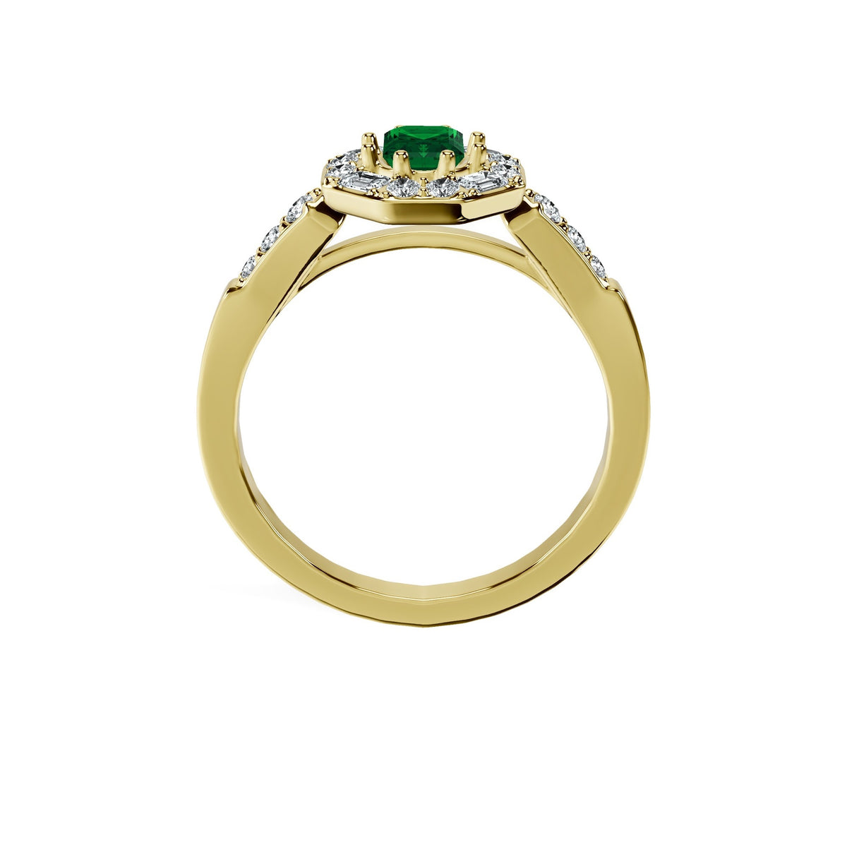 Anillo De Compromiso Halo Esmeralda Baguette Hal-018 Oro Amarillo 18K Esmeralda 0.5 Esmeralda Cultivado en Laboratorio