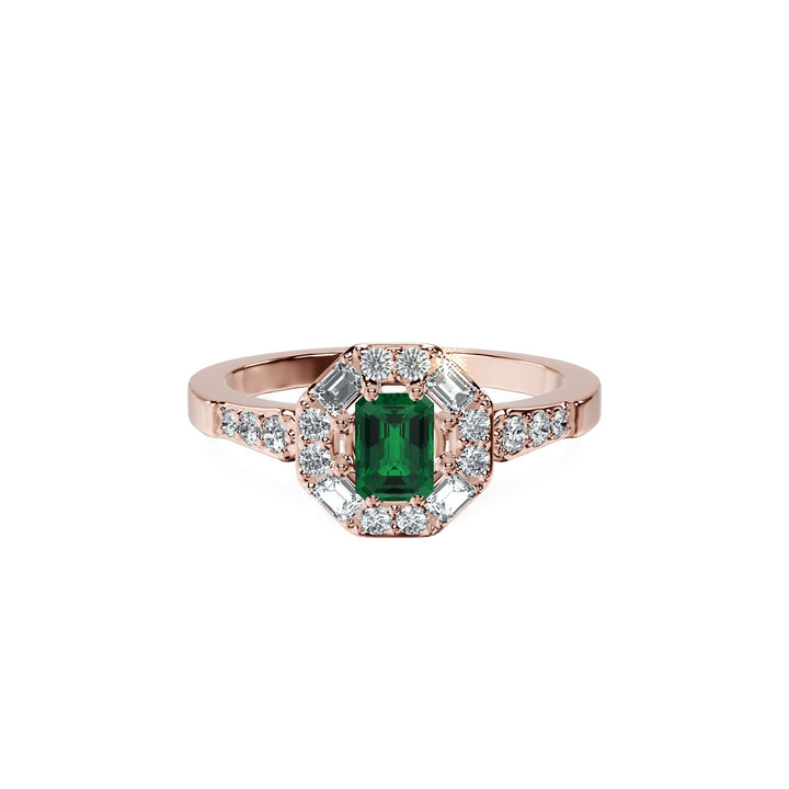 Anillo De Compromiso Halo Esmeralda Baguette Hal-018 Oro Rosado 18K Esmeralda 0.5 Esmeralda Cultivado en Laboratorio