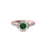 Anillo De Compromiso Halo Esmeralda Baguette Hal-018 Oro Rosado 18K Redondo 1 Esmeralda Cultivado en Laboratorio