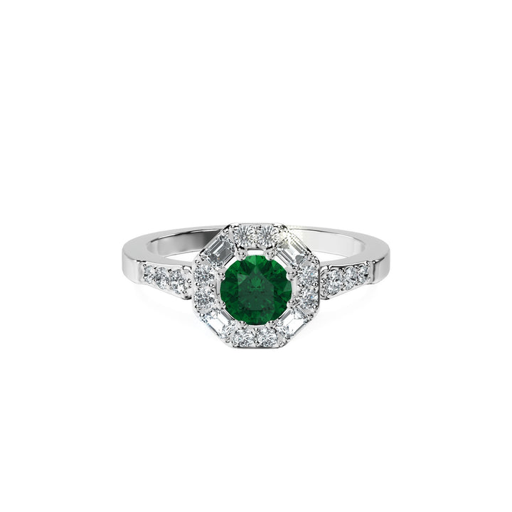 Anillo De Compromiso Halo Esmeralda Baguette Hal-018 Oro Blanco 18K Redondo 1.5 Esmeralda Cultivado en Laboratorio