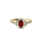 Anillo De Compromiso Halo Rubi Baguette Hal-018 Oro Amarillo 18K Oval 0.5 Rubi Cultivado en Laboratorio