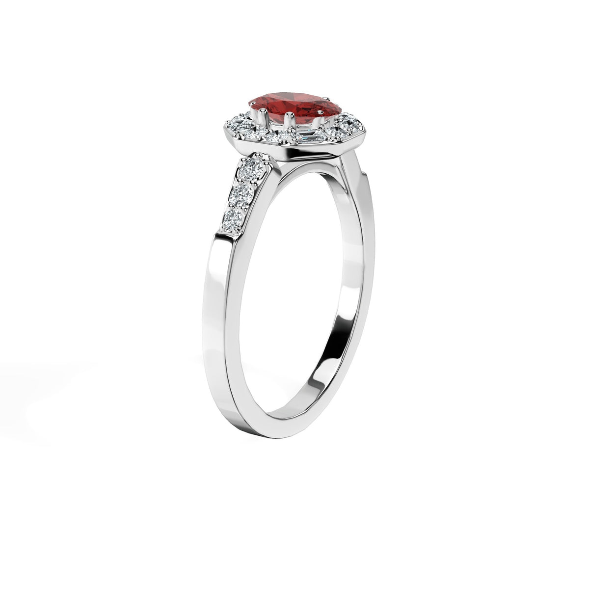 Anillo De Compromiso Halo Rubi Baguette Hal-018 Oro Blanco 18K Oval 0.5 Rubi Cultivado en Laboratorio