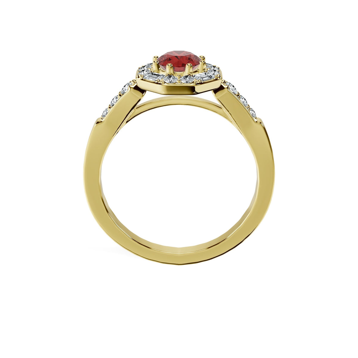 Anillo De Compromiso Halo Rubi Baguette Hal-018 Oro Amarillo 18K Redondo 1 Rubi Cultivado en Laboratorio