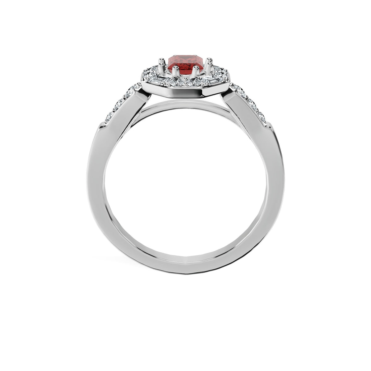 Anillo De Compromiso Halo Rubi Baguette Hal-018 Oro Blanco 18K Esmeralda 1 Rubi Cultivado en Laboratorio